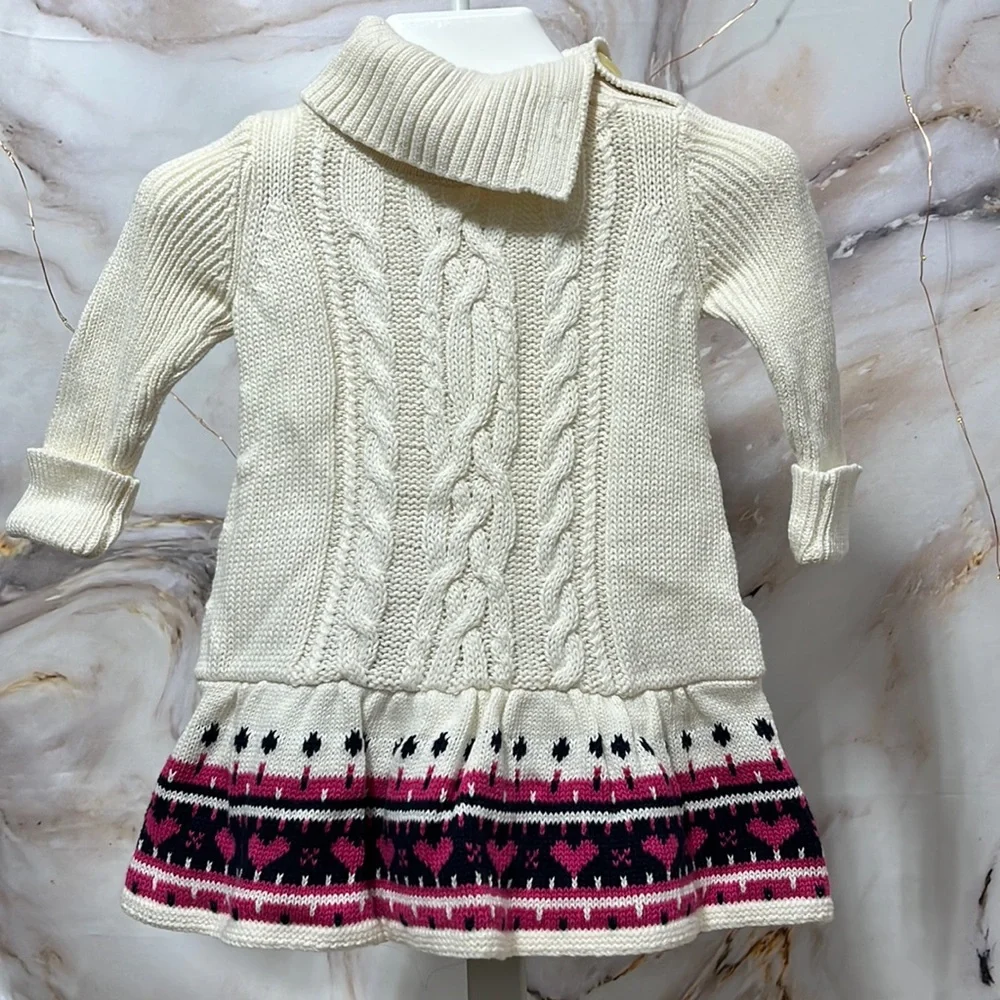 Baby Gap Cable Knit Dress Long Sleeve with Patterned Edge Buttons Cream Sz 3-6M